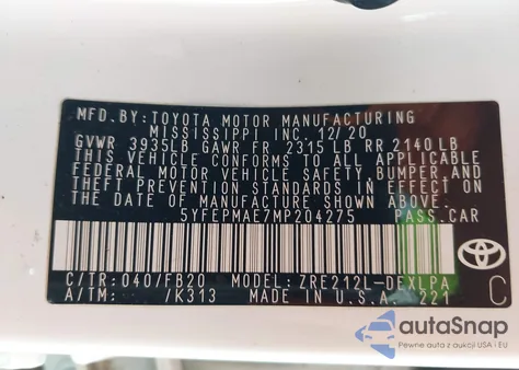 2021 Toyota Corolla Le из США, поврежденный, VIN 5YFEPMAE7MP204275